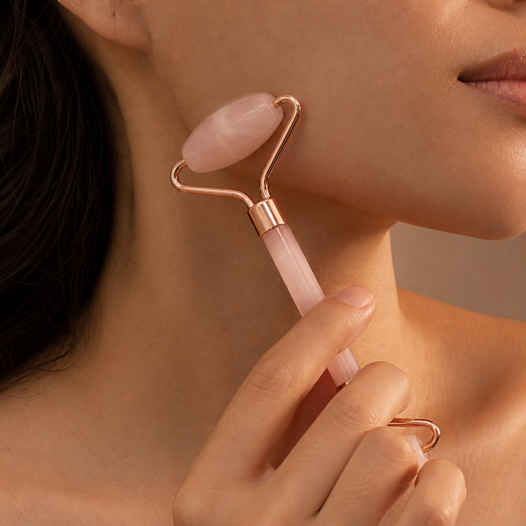 Rose Quartz Face Roller — Cool-Touch Depuffing Massage