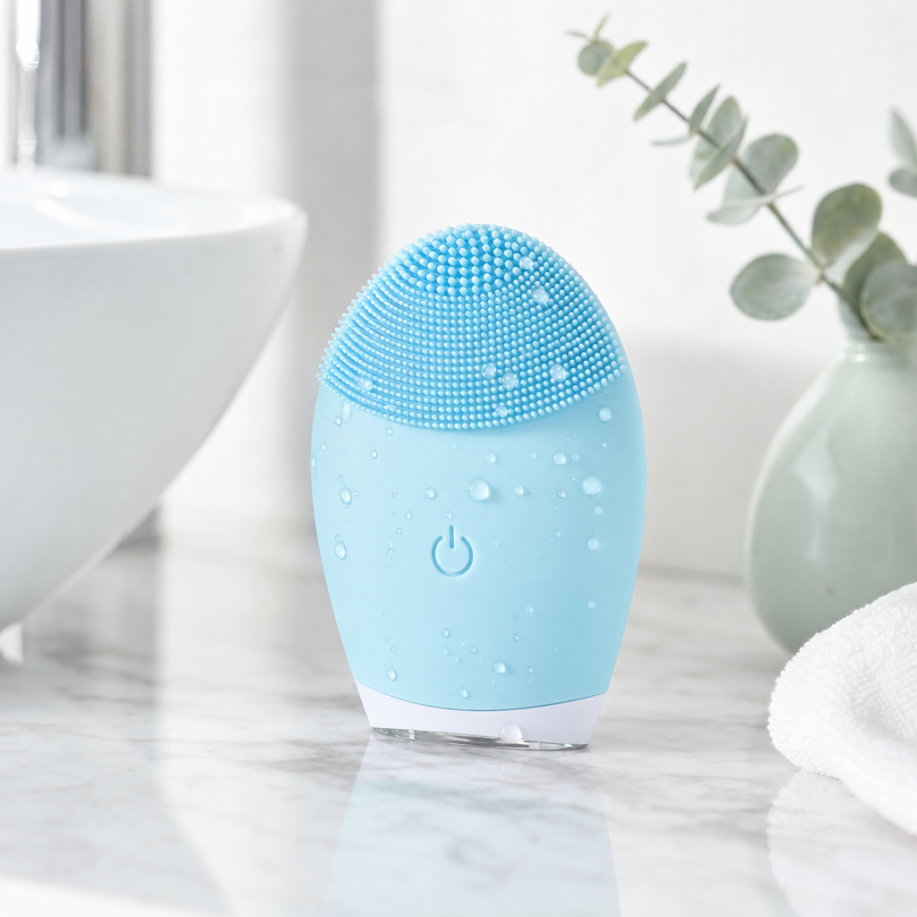 A light blue electric facial cleansing brush with silicone bristles, shown on a marble countertop next to a white sink and a vase with eucalyptus branches.